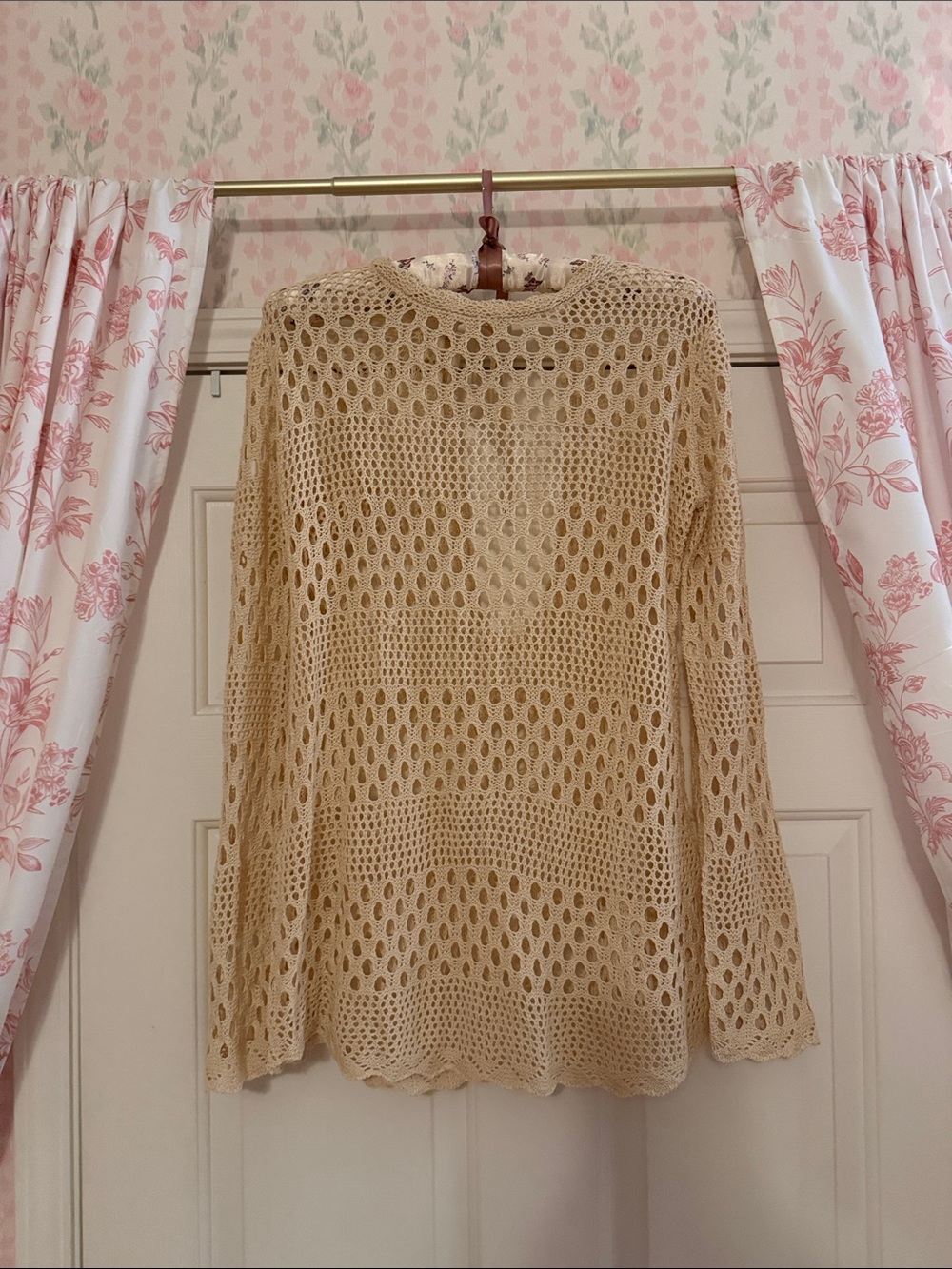 Beige Open-Knit Crochet Long Sleeve Swimsuit Cover Up